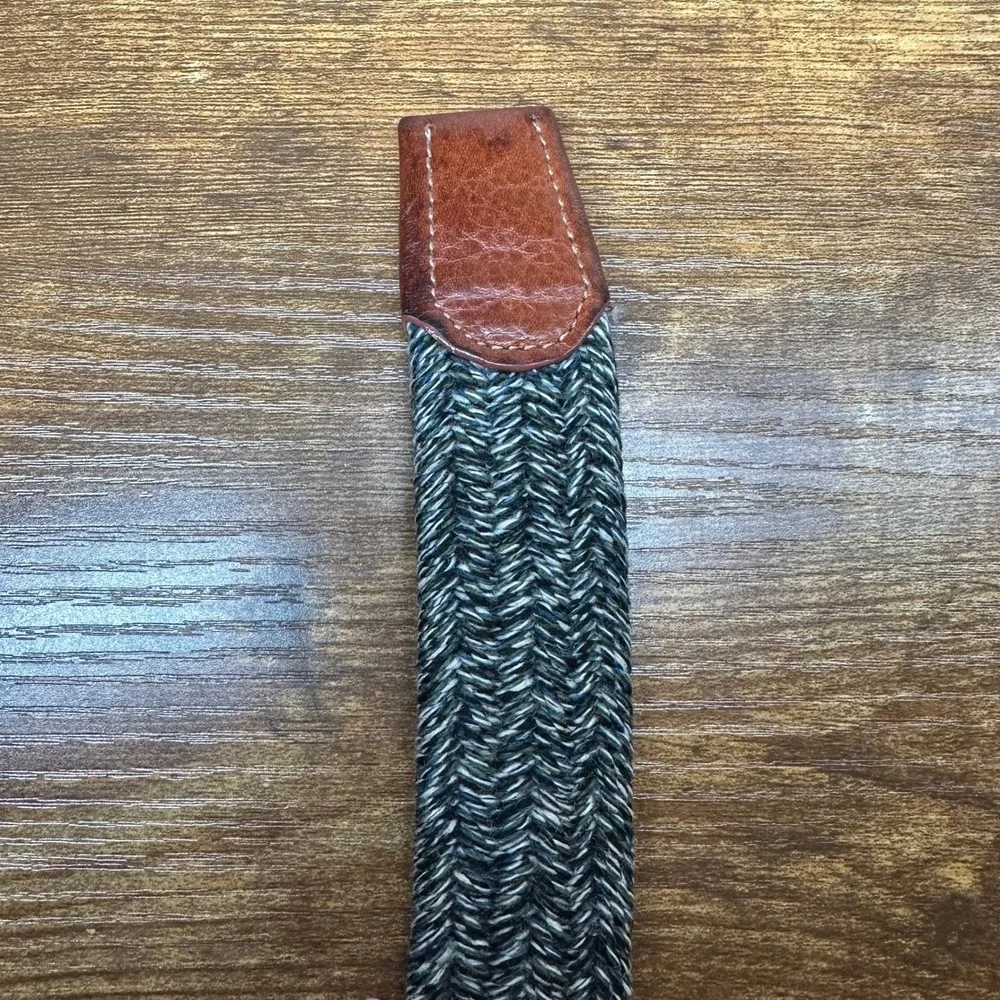 FH Wadsworth Mens Woven Braided Belt 40 Navy Green White Made in Italy Leather